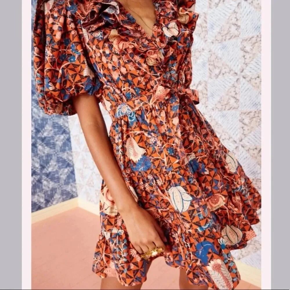 Ulla Johnson Maude Mini Wrap Dress Hibiscus Print Cotton Ruffle Boho 0